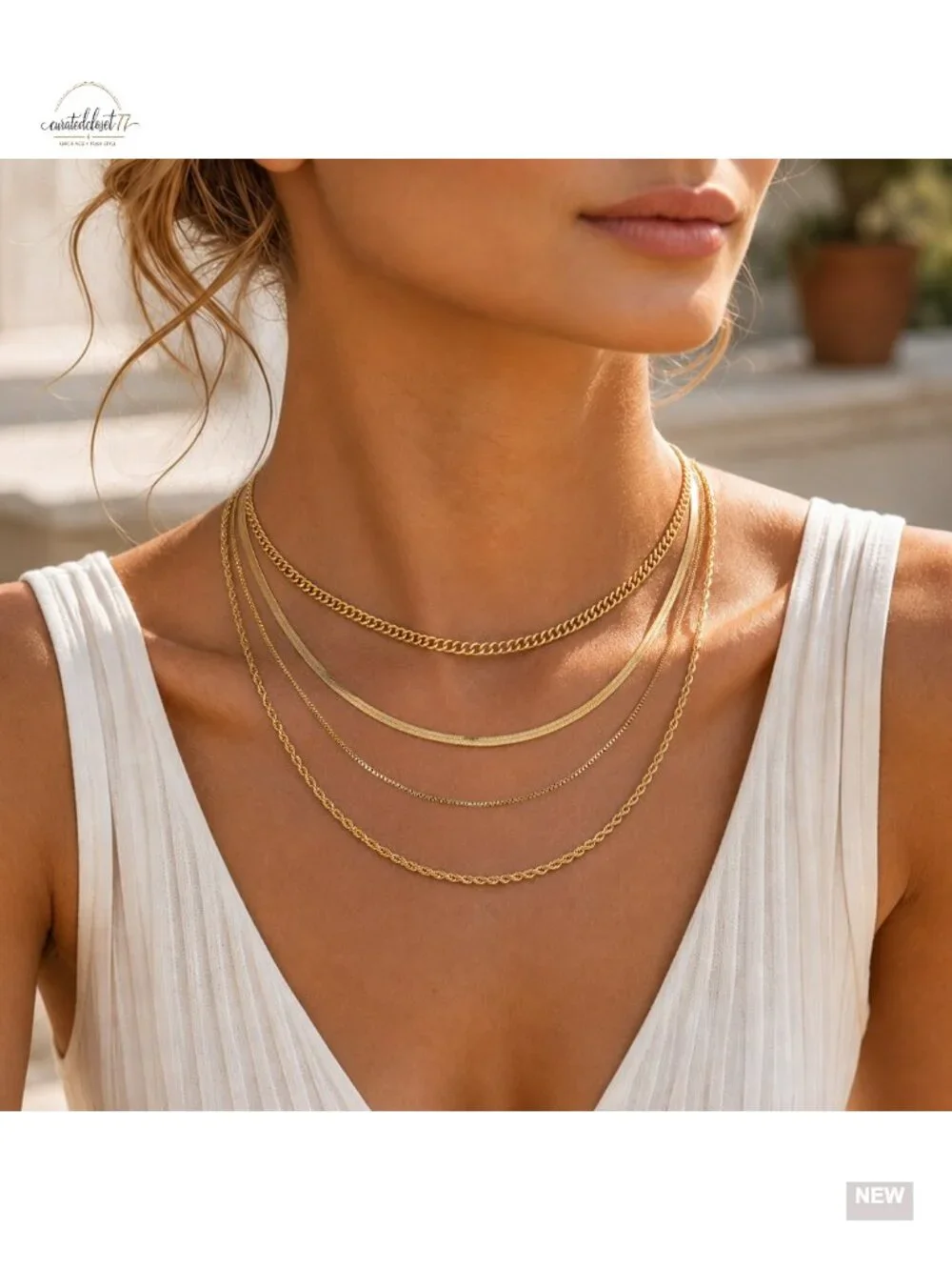 4-Piece 14K Gold Plated Dainty Layering Necklace Set with Adjustable Extenders